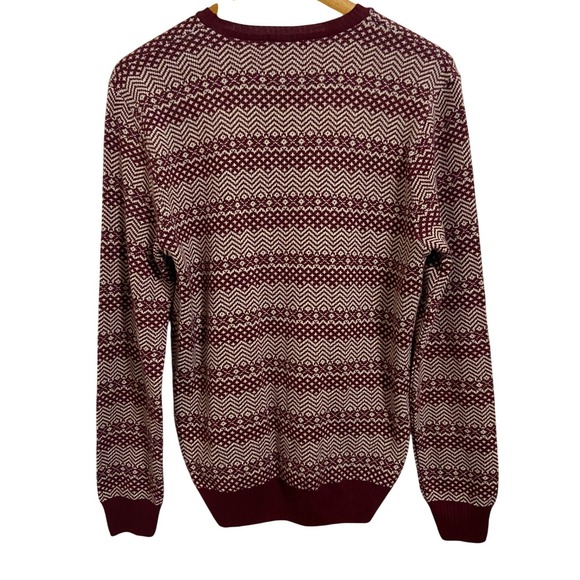 ASOS Burgundy Geometric Chevron Knit Crew Neck Sweater Grandad Nordic Retro S - Picture 3 of 10
